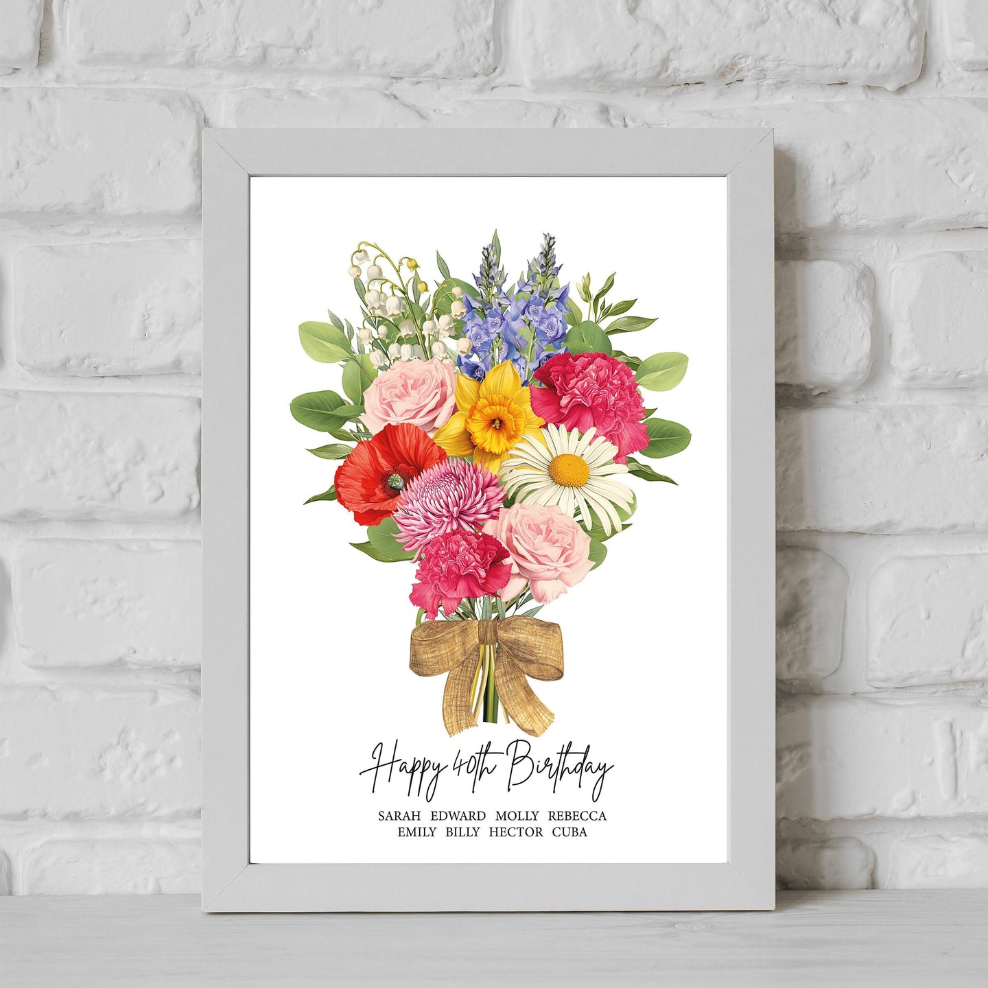 40th Birthday Gift For Women, Birth Flower Birthday Print, 40th Gift For Mum, Fortieth Gift, Custom Family Flower Bouquet, Birth Month Gift