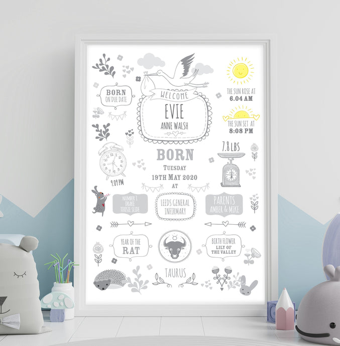 Grey New Baby Birth Details Print