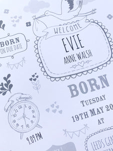 Grey New Baby Birth Details Print