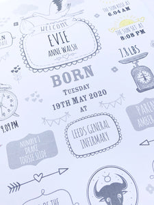 Grey New Baby Birth Details Print