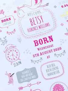 New Baby Girl Birth Stats Print