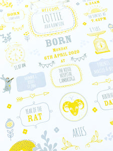 Lemon Personalised New Baby Birth Details Print