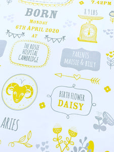 Lemon Personalised New Baby Birth Details Print