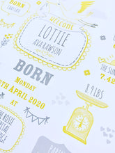 Load image into Gallery viewer, Lemon Personalised New Baby Birth Details Print