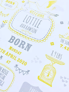 Lemon Personalised New Baby Birth Details Print