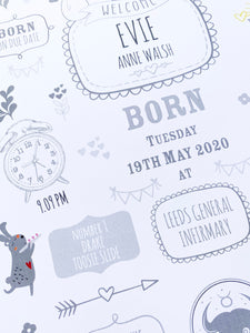 Grey New Baby Birth Details Print