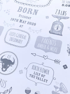 Grey New Baby Birth Details Print