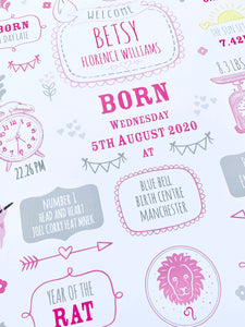 New Baby Girl Birth Stats Print