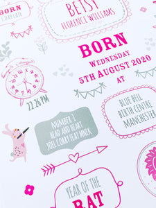 New Baby Girl Birth Stats Print