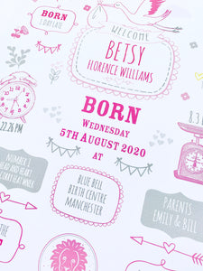 New Baby Girl Birth Stats Print