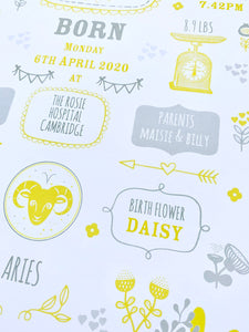 Lemon Personalised New Baby Birth Details Print