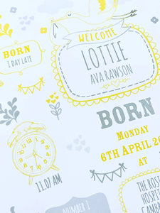 Lemon Personalised New Baby Birth Details Print