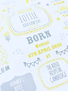 Lemon Personalised New Baby Birth Details Print