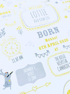 Lemon Personalised New Baby Birth Details Print